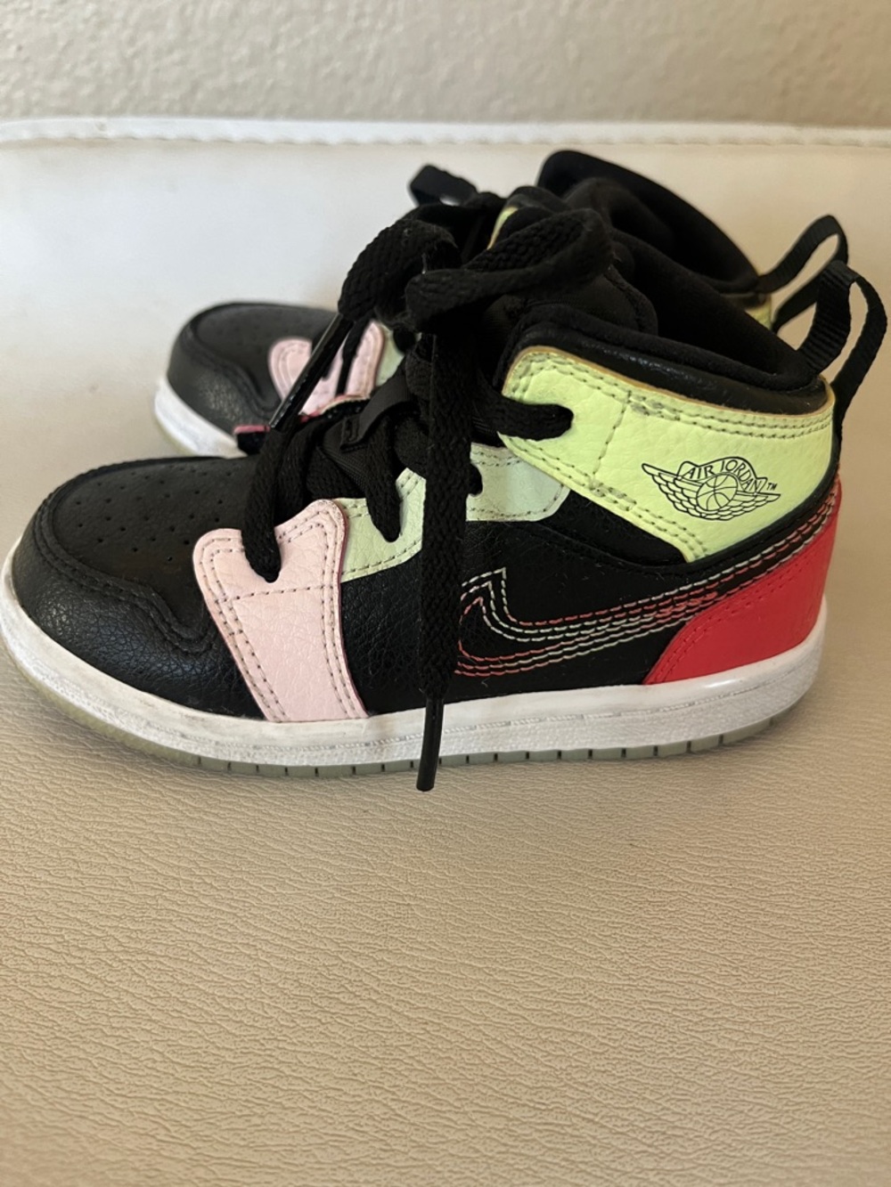 Jordan Kids Black, Light Green, Pink & Red High-Top Sneakers - Picture 3 of 6